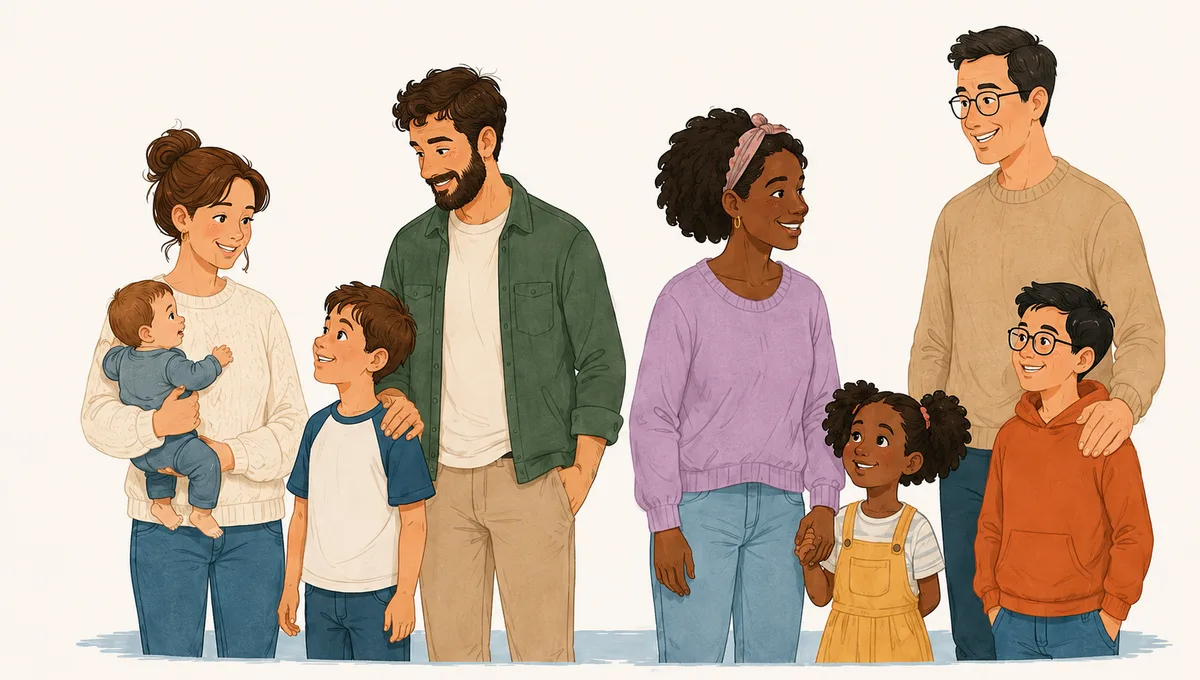 Ilustración de varias familias, adultos con sus hijos
