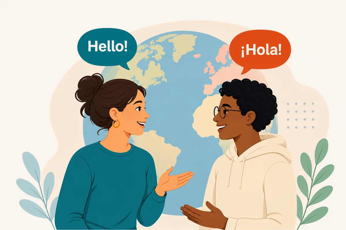 Ilustración de dos personas conversando ante un globo terráqueo, una dice «Hello!» y la otra «¡Hola!»