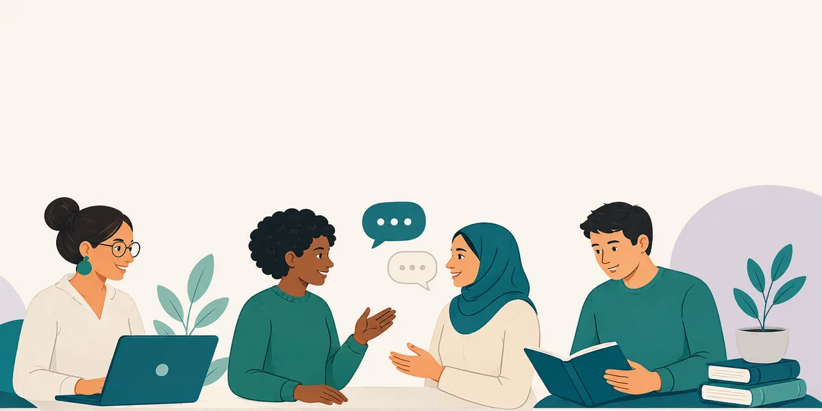 Ilustración de un grupo en formación: dos personas conversan mientras otras trabajan con un portátil y un libro